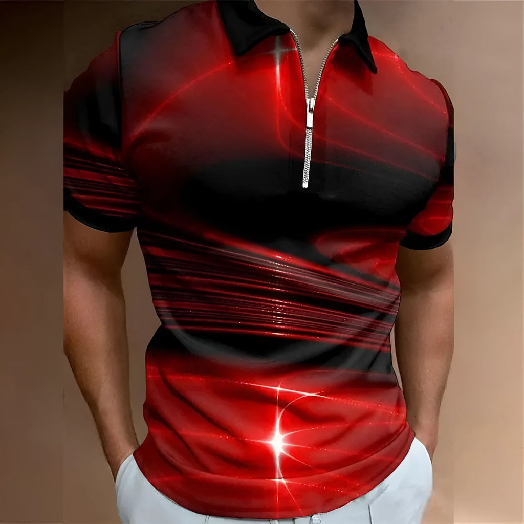 Men's lapel short sleeve zipper polo shirt in bird eye cloth polyester, loose fit, blue colour