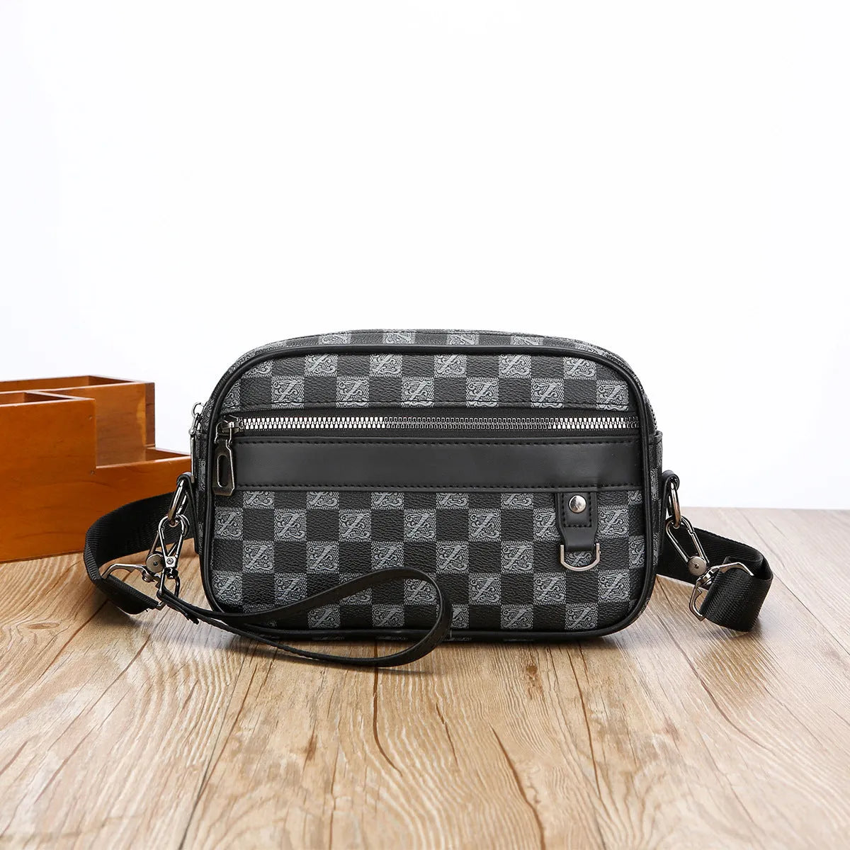 Men's casual shoulder messenger bag large capacity horizontal PU wear-resistant geometric pattern black brown