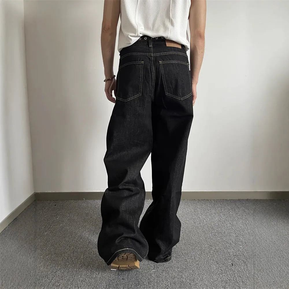 Black retro loose wide-leg straight-leg jeans with mid-waist and zip fly