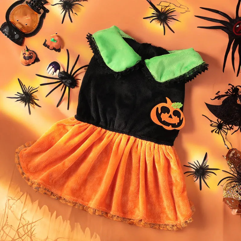 Halloween pumpkin skirt pet costume in crystal velvet for small dogs and cats