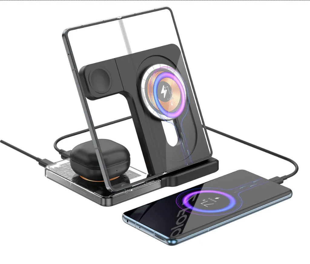 Black foldable desktop wireless charging stand with three charging positions, night light, and USB-A port on a desk