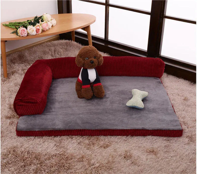 Corduroy pet dog sofa bed with non-slip base in a neutral colour on a wooden floor