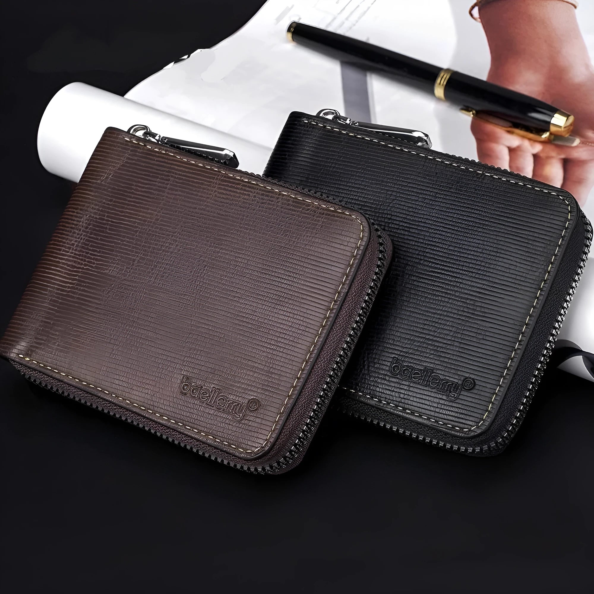 Leather anti-theft credit card zipper wallet in black embossed PU with full zip closure