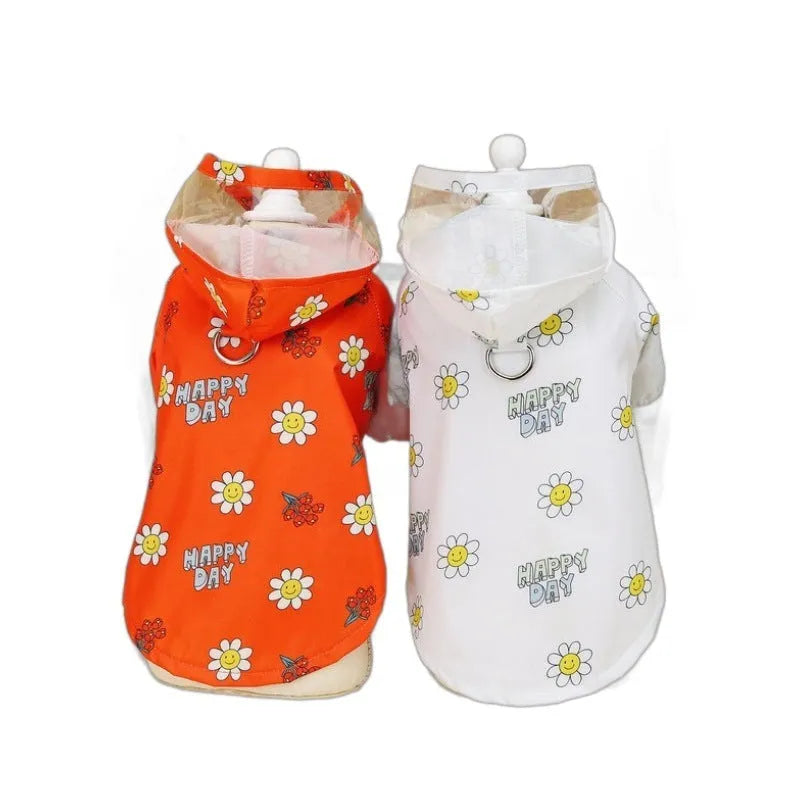 Transparent dog raincoat in orange with pull ring traction on a white background