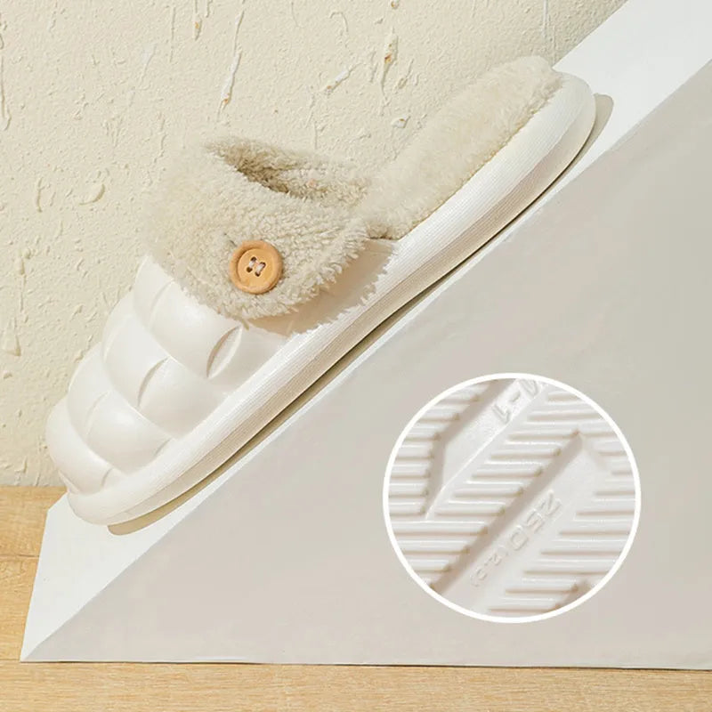 Plaid detachable EVA slippers for women with a plush lining and nonslip sole in pink, green, yellow, or white.