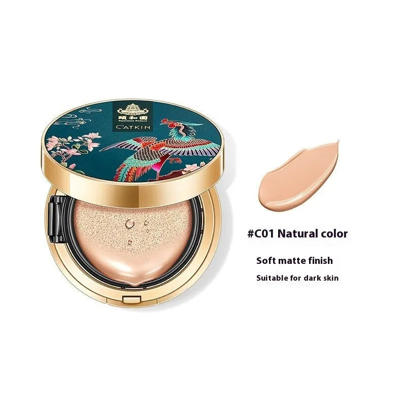Air cushion BB compact with mirror showing C01 Natural Colour and C02 Ivory White shades for even skin tone