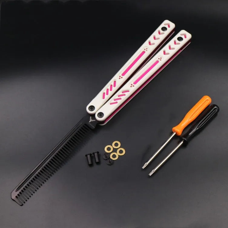 Unbladed ether butterfly knife with G10 anti-slip patch on aluminium handle, view of side profile