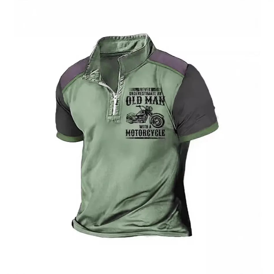 Men's casual polo shirt with lapel zipper decoration and digital print letter pattern