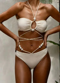 Women's split lace-up bikini swimsuit in black with quick-drying nylon and polyester lining, front view
