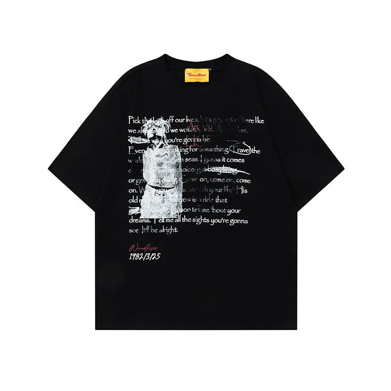 Men's black retro hip hop style T-shirt with white letter printing and raglan sleeves