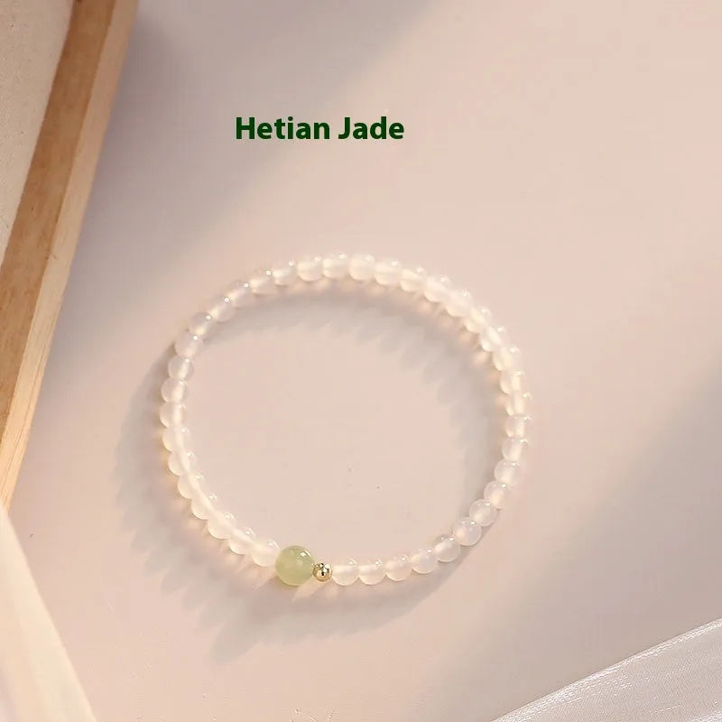 Natural white agate women's bracelet 15cm New Chinese style handcrafted white stone jewellery