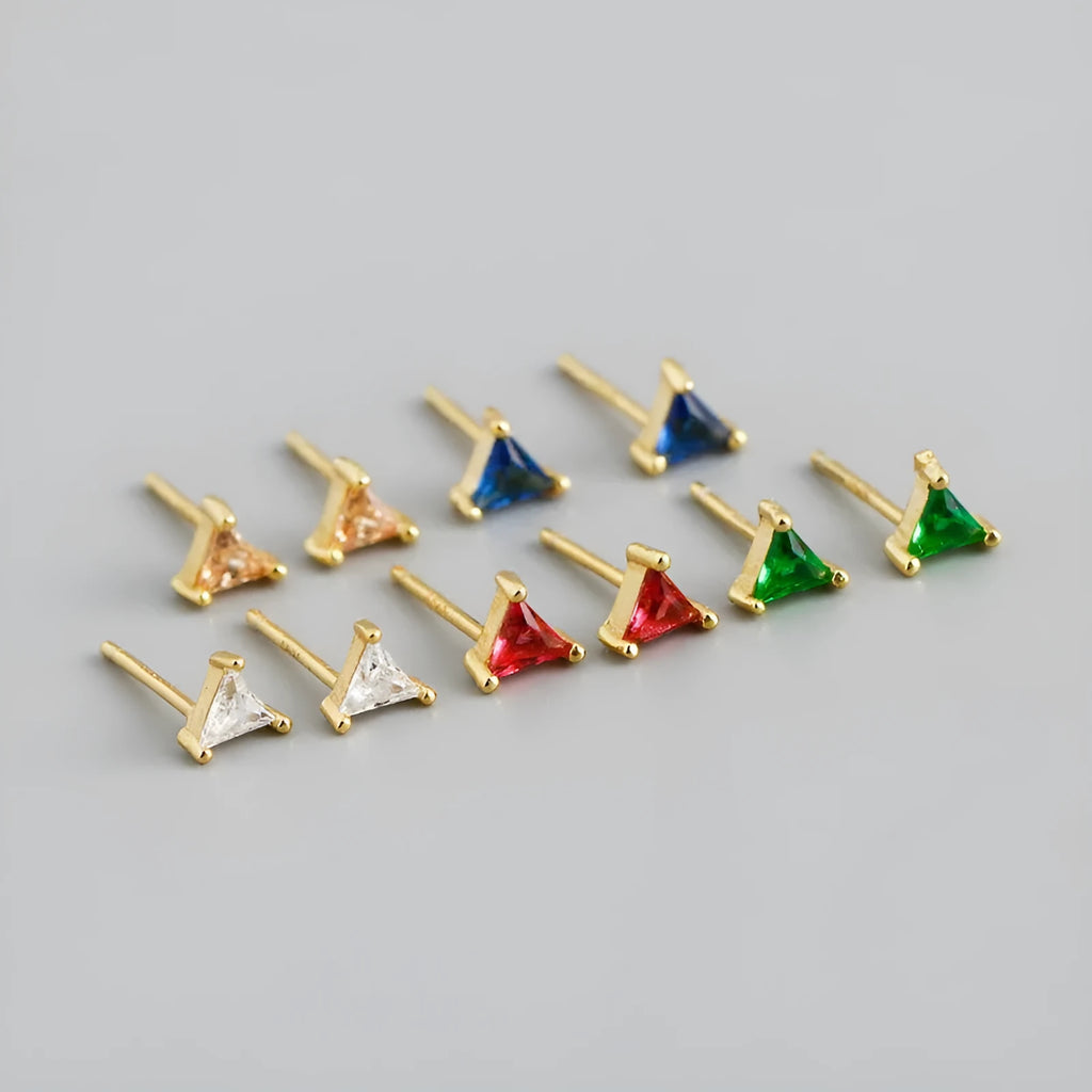 Simple triangle colour zircon stud earrings S925 silver geometric style for women with blue stone and golden needle