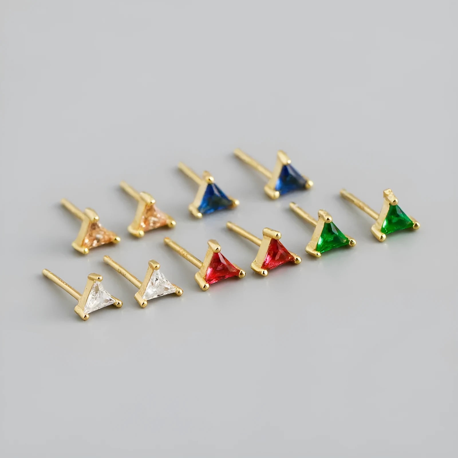 Simple triangle colour zircon stud earrings S925 silver geometric style for women with blue stone and golden needle