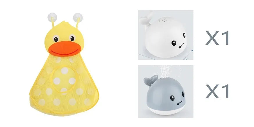 White and blue electric whale bath toy spraying water with lights on a base.