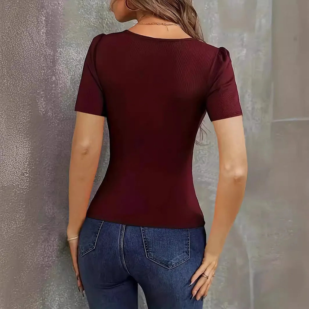 Women's polyester V-neck slim fit short sleeve top in wine red colour