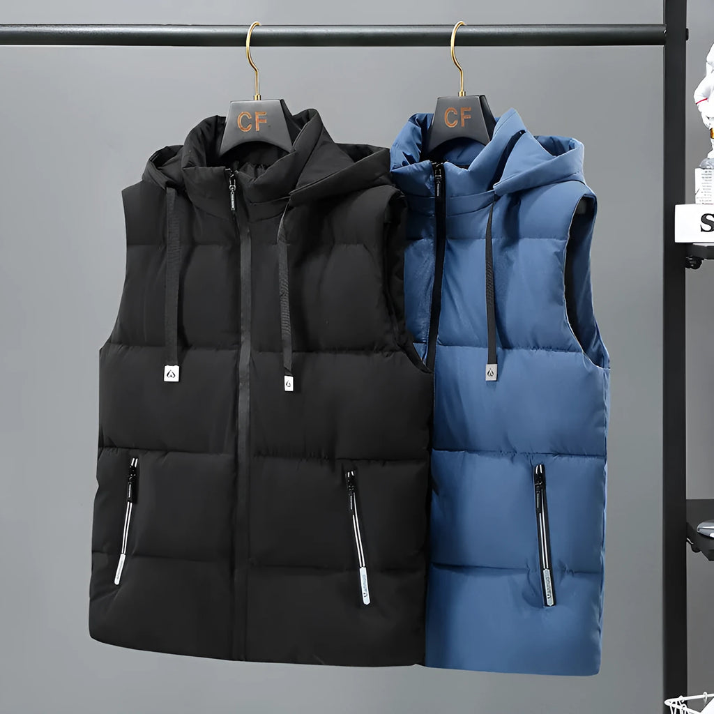 Men's warm thickened solid colour vest with removable hood, polyester fibre, black colour, zipper bag pocket, straight hem