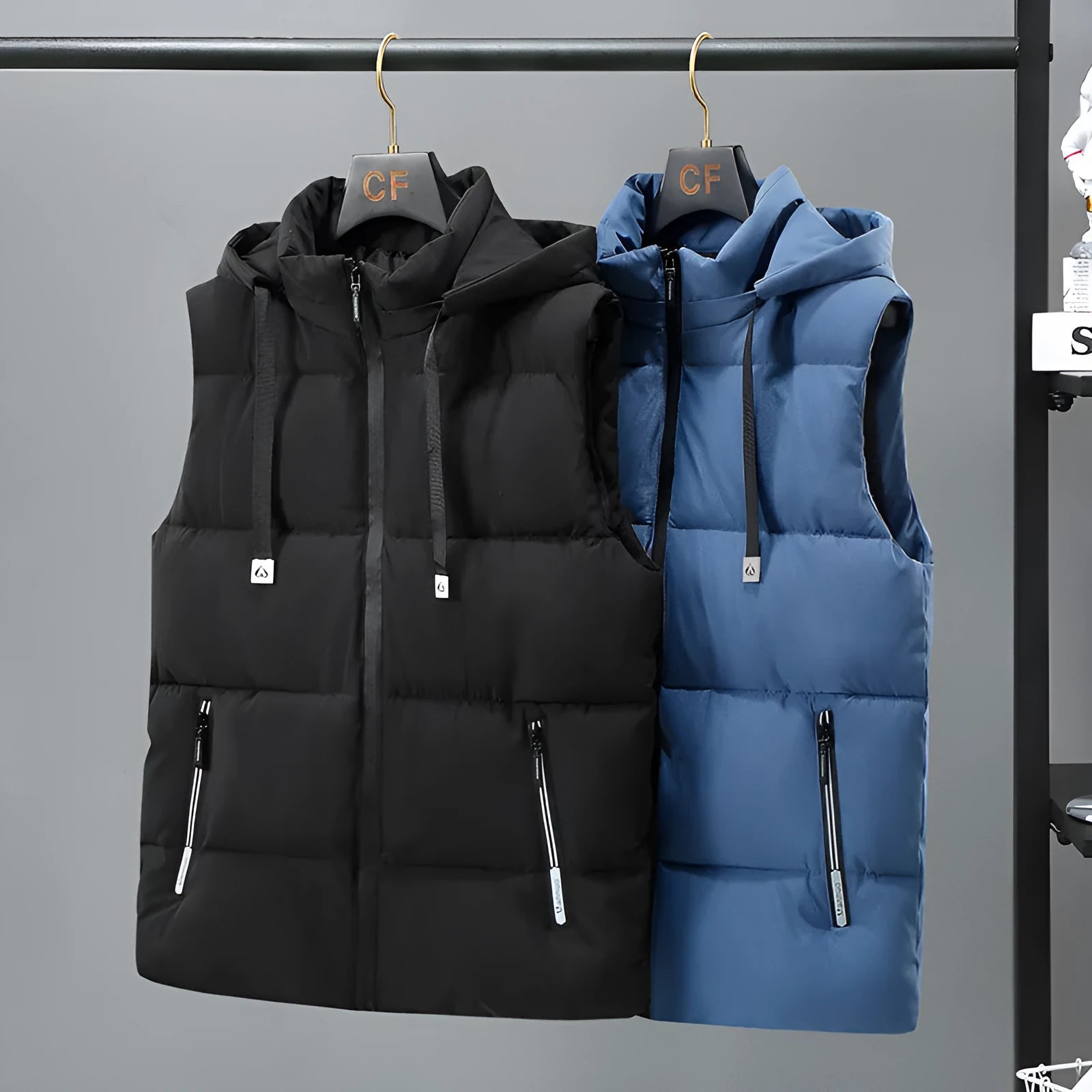 Men's warm thickened solid colour vest with removable hood, polyester fibre, black colour, zipper bag pocket, straight hem