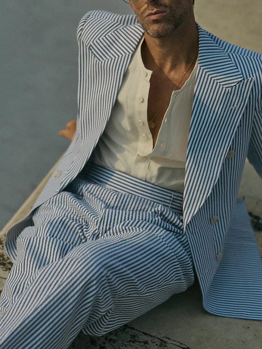 Blue and white striped polyester suit set with blazer and trousers regular fit