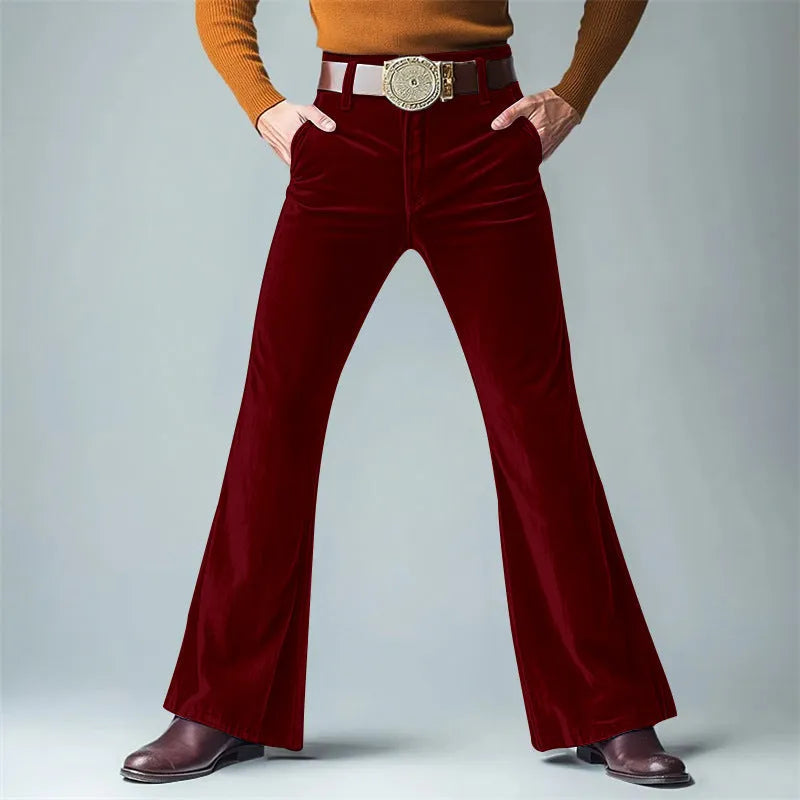 Men's gold velvet slim flared suit trousers with solid colour finish for formal banquet wear