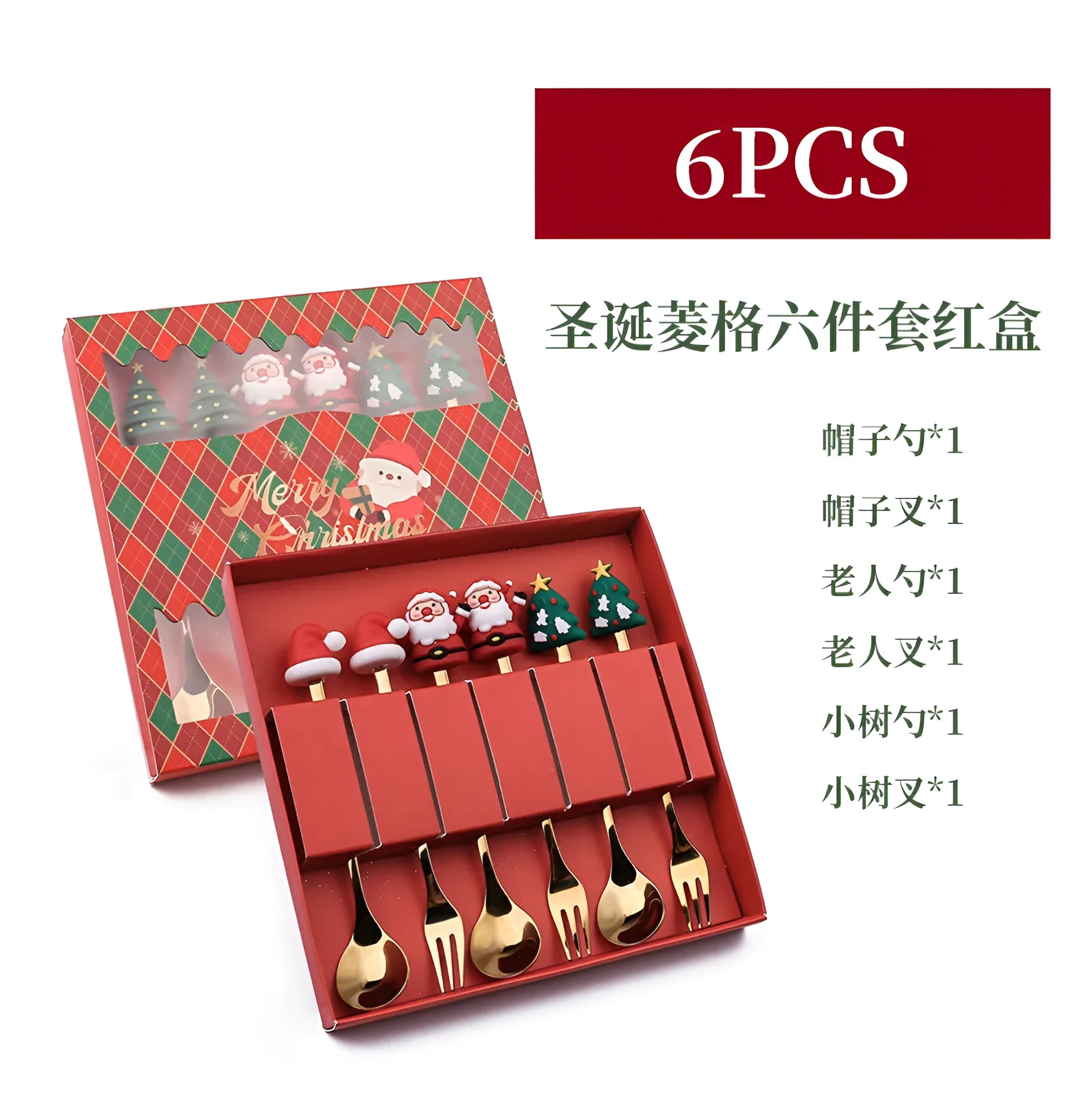 Stainless steel Christmas spoon and fork set with red colour and snowman handle design