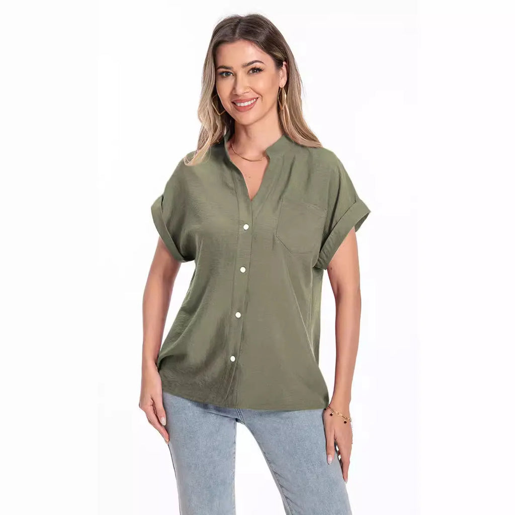 Women's stand collar button front short sleeve loose summer top in black polyester