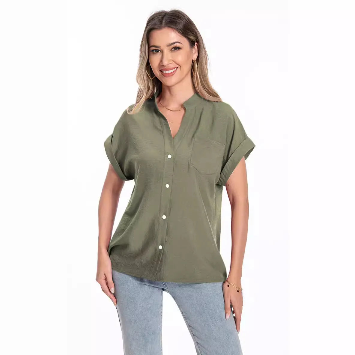 Women's stand collar button front short sleeve loose summer top in black polyester