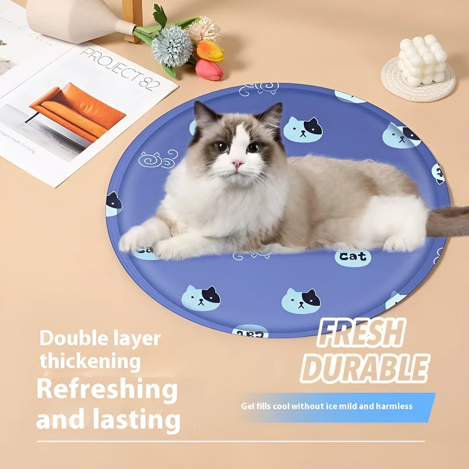 Round gel cooling mat for pets with cartoon design in blue or beige colours