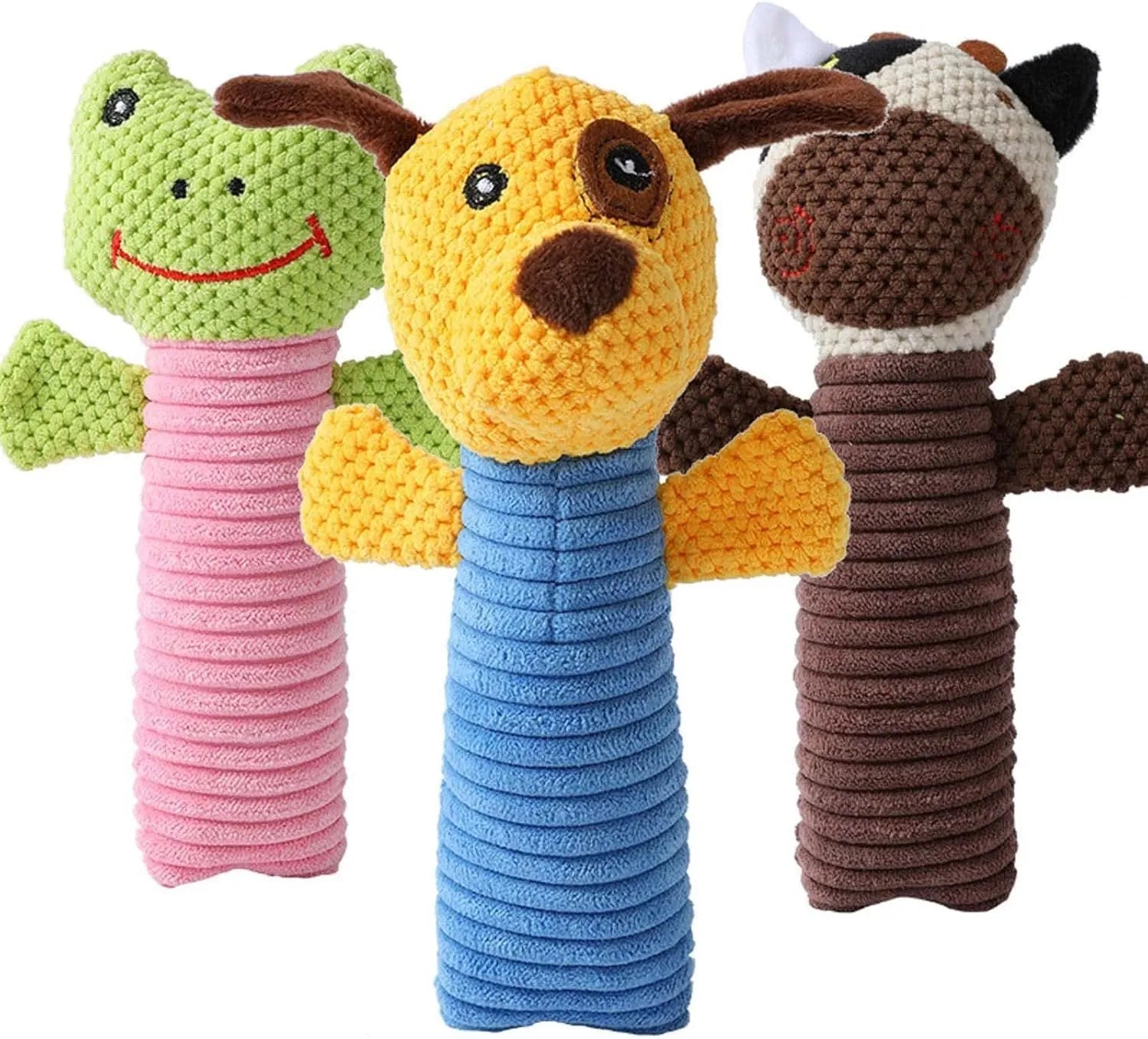 Squeaky plush dog chew toy in animal shapes for dental cleaning and teething relief