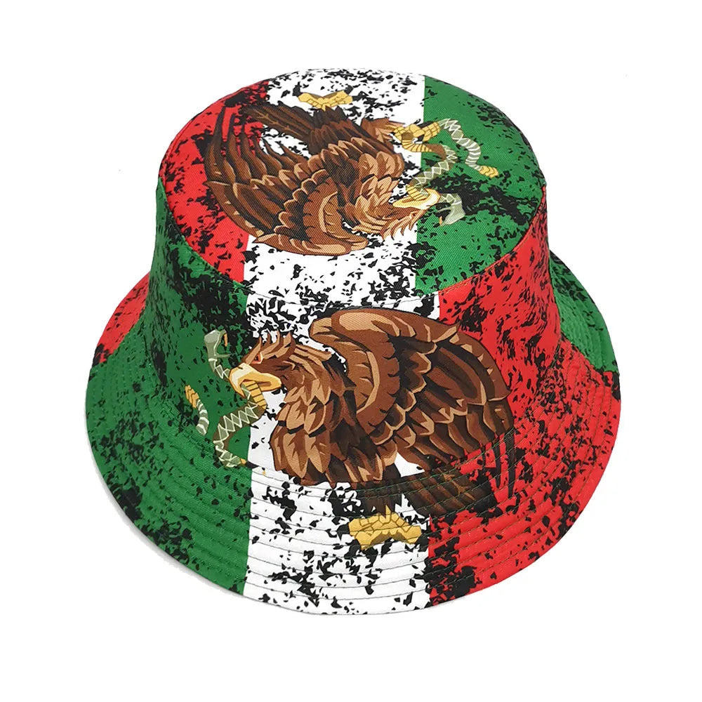 Retro eagle pattern bucket hat in size M with dome crown and polyester fabric