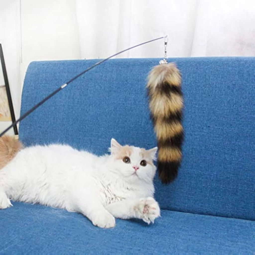 Black cat toy wand with feather teaser on 42cm elastic string for interactive play