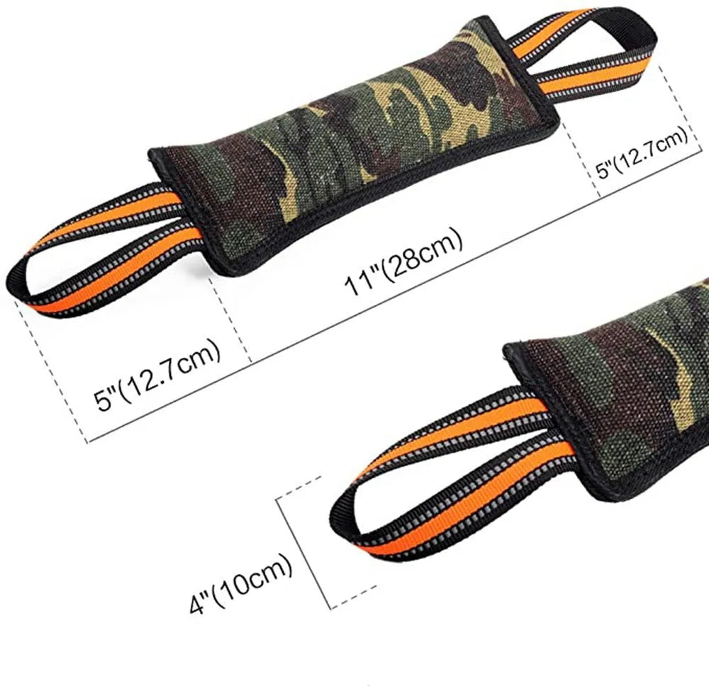 Reflective dog training jute bite stick with yellow edge, 55cm length, on plain background