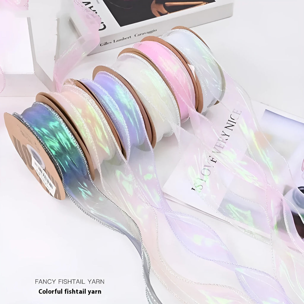 Colourful fishtail yarn mesh ribbon roll with decorative edge design for floral arrangements