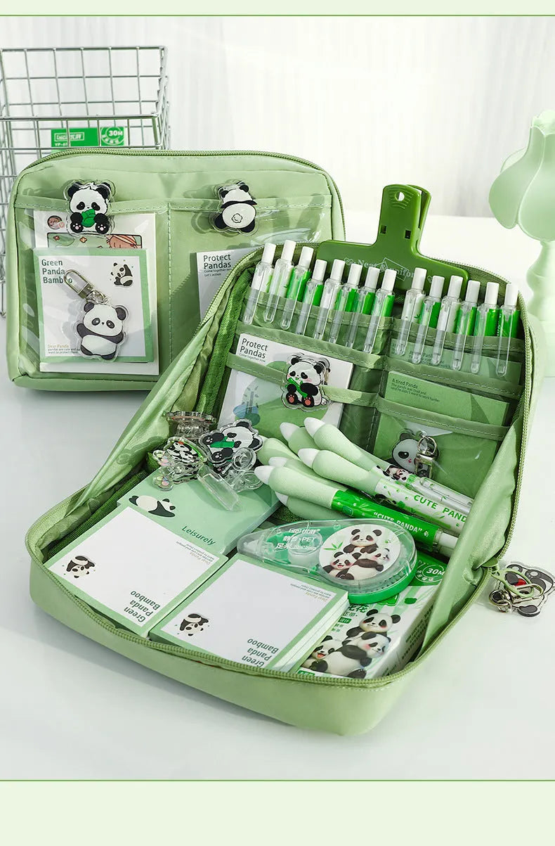 Green 12-layer canvas pencil case with panda motif and open layers showing pen storage