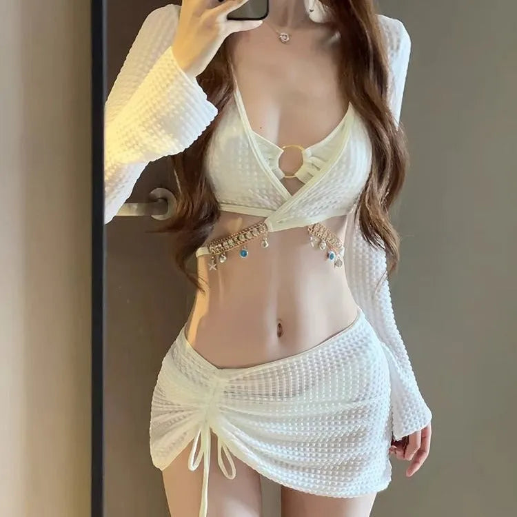Women's long sleeve split bikini swimsuit in black polyester front view