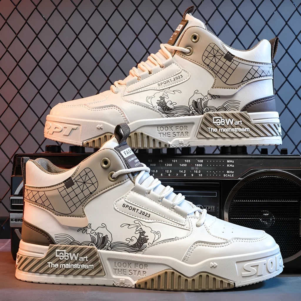 Men's beige high-top board shoes with lace-up front and flat rubber sole on a white background.