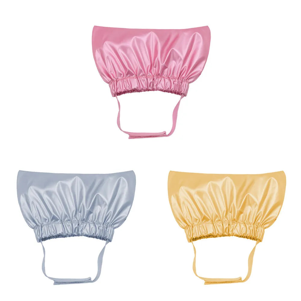 Adjustable shower cap for pets in silver colour showing ear protection design