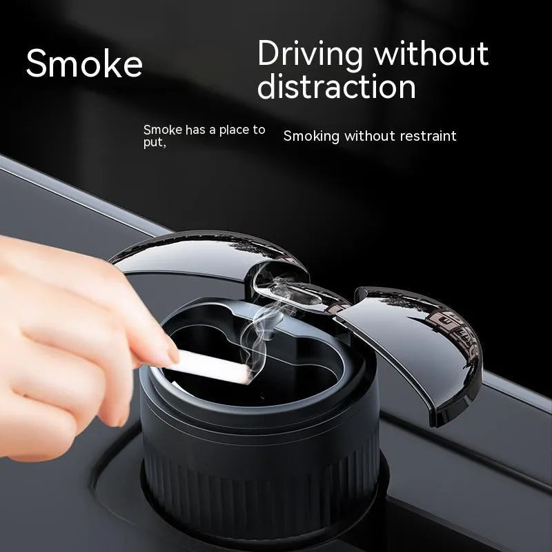Automatic metal car ashtray with lid showing black, green, red, and silver colour options.