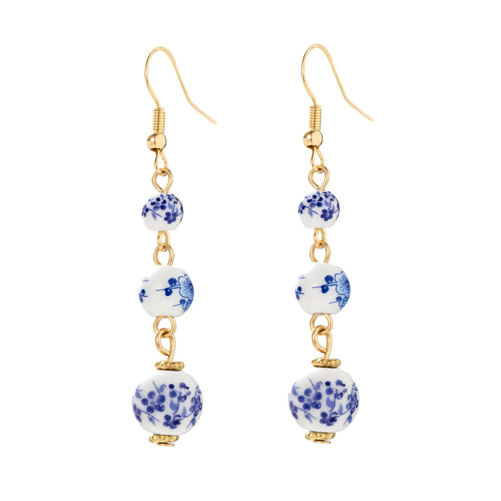 Blue and white porcelain ceramic bead long retro drop earrings on alloy hook