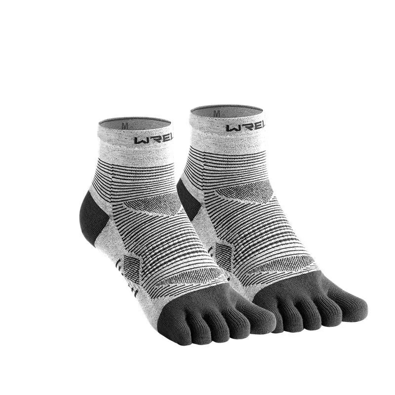 Unisex professional sports toe socks in COOLMAX polyester, black gray colour, with separate toe pockets on a white background