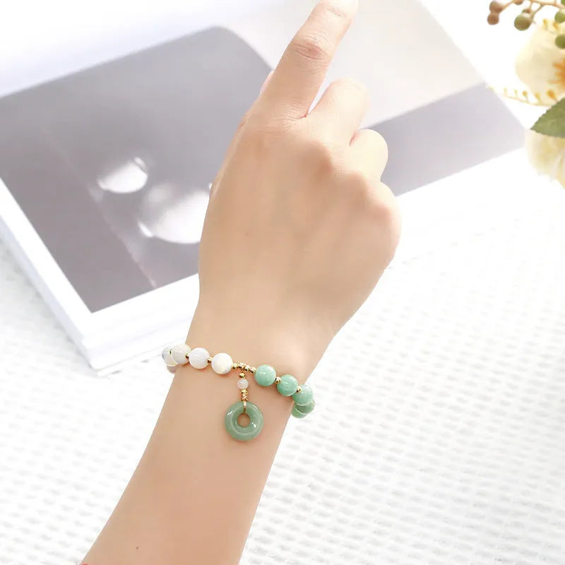 Natural horseshoe screw Burma jade safety buckle bracelet with 8mm round beads and copper clasp