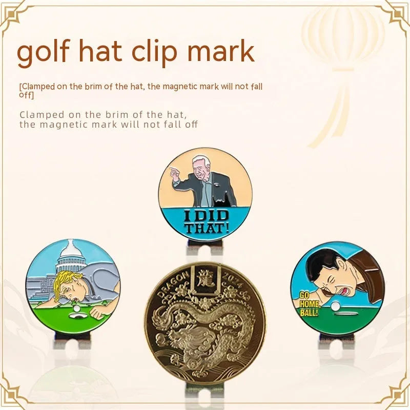 Zinc alloy golf hat clip showing Dragon Year, IDID logo, ace licking ball, and hair blowing machine design options