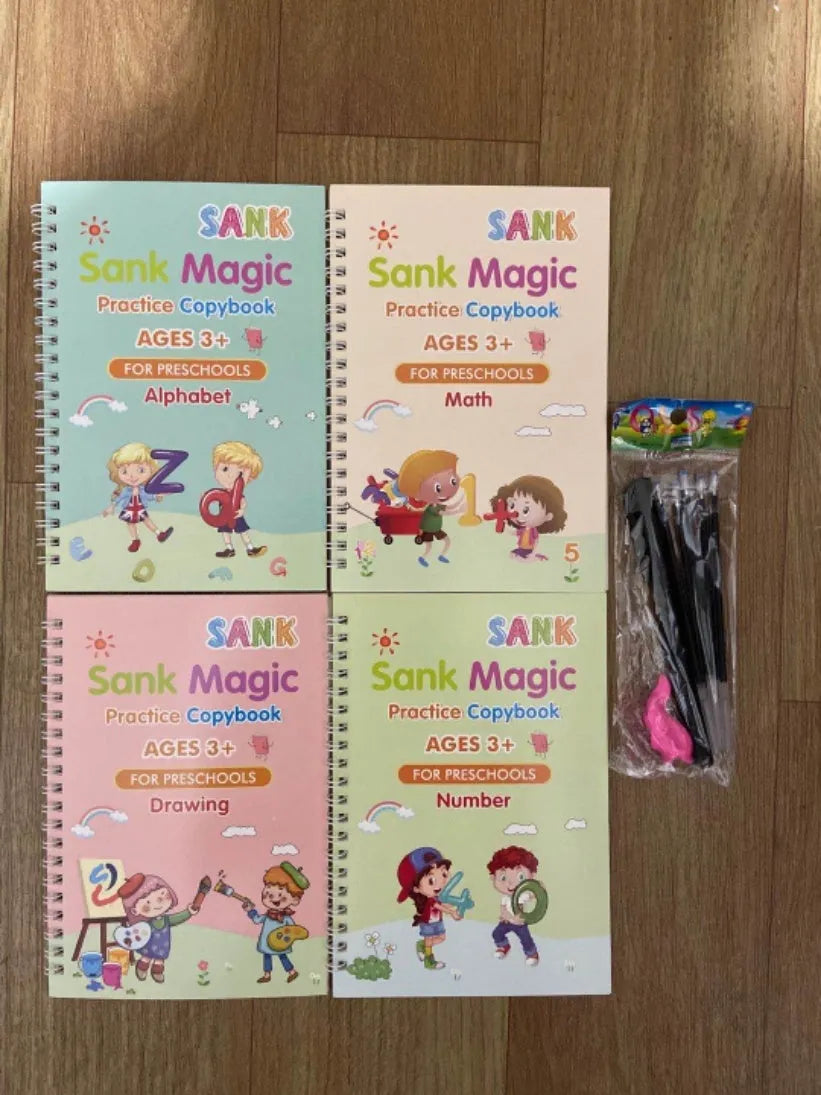 Reusable magic stylus copybook set with groove tracking, four A5 cardboard books, one pen, and four refills