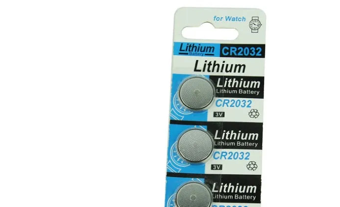 Five CR2032 3V lithium button batteries on a blister card for electronic scales and remotes