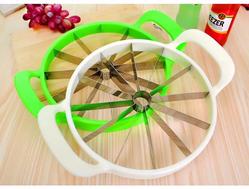 Multi-function fruit slicer cutting watermelon into 12 uniform slices with stainless steel blade and green PP plastic frame