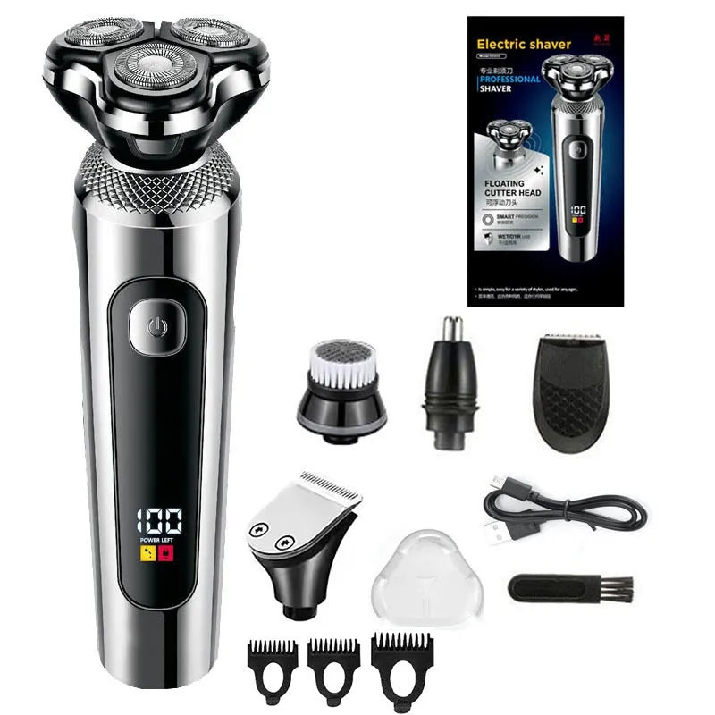 Digital display USB rechargeable beard trimmer with washable floating head on its five-in-one storage bracket.