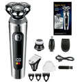 Digital display USB rechargeable beard trimmer with washable floating head on its five-in-one storage bracket.