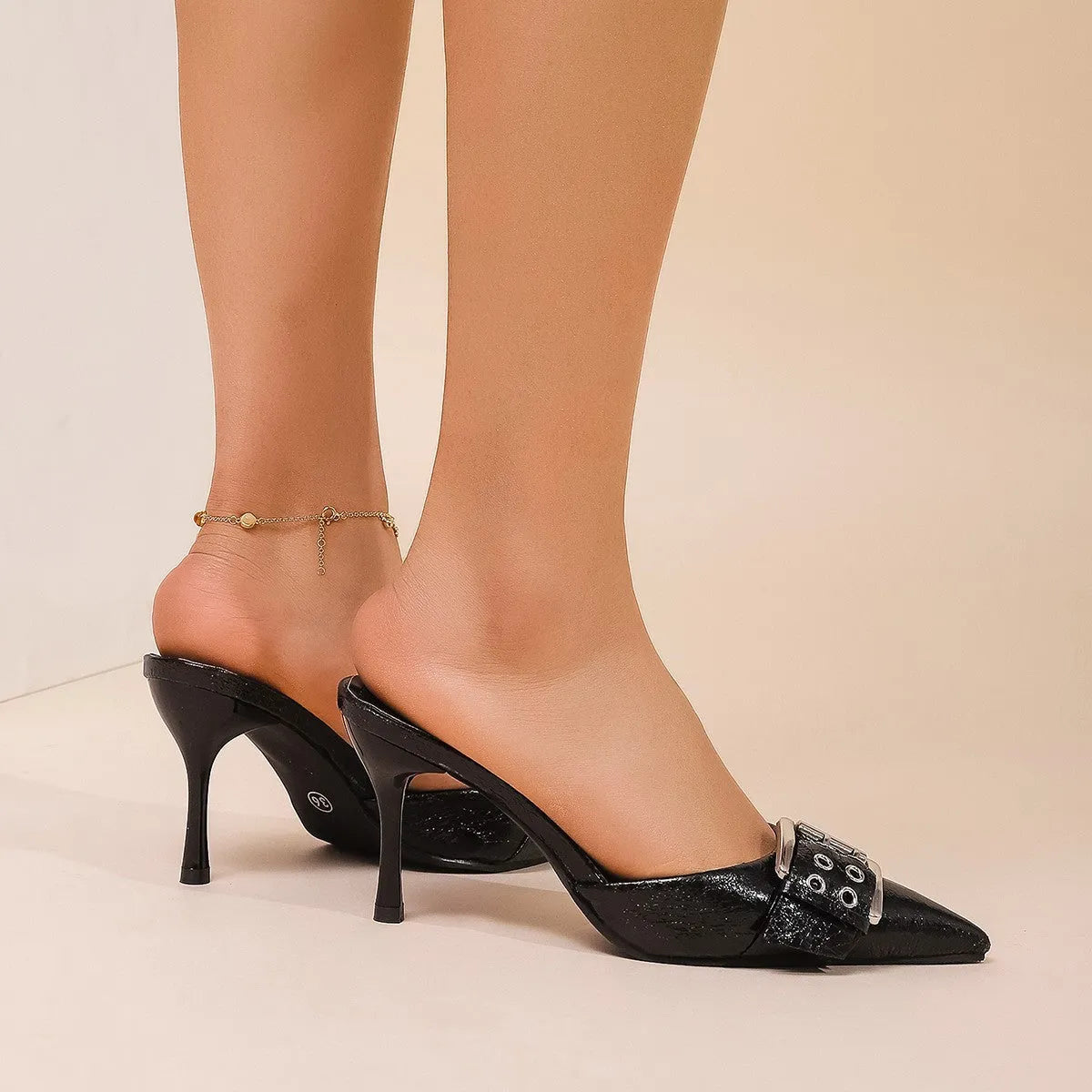 Women's black PU pointed toe buckle strap high heels, size range 35 to 42