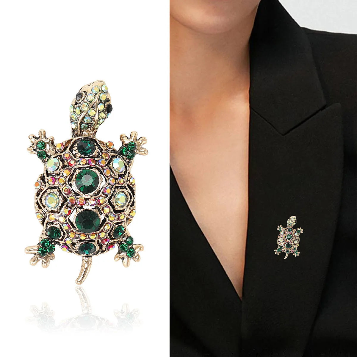 Fashion retro rhinestone turtle brooch in green on a textured surface