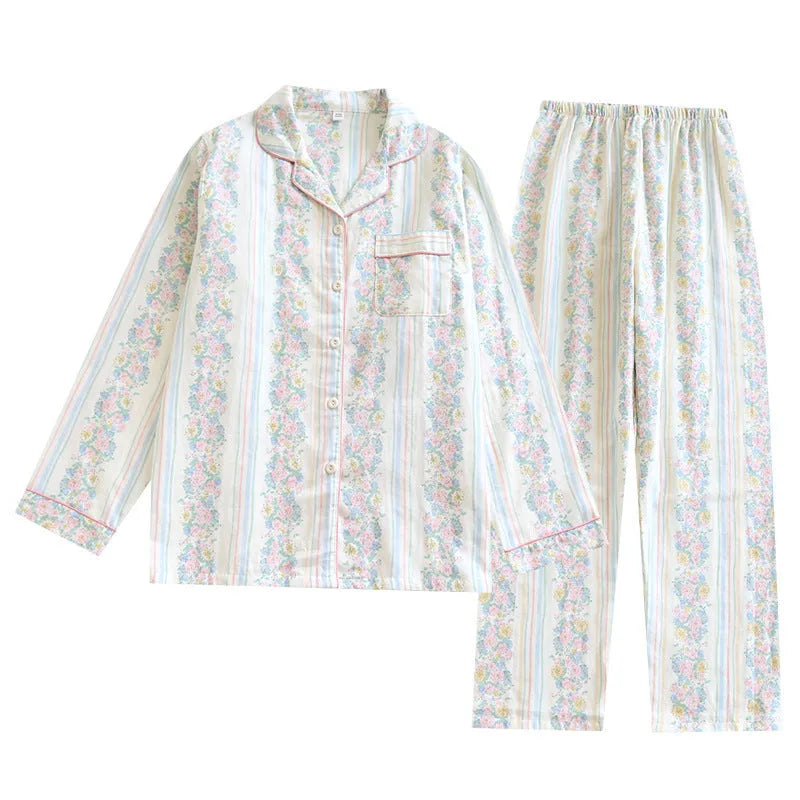 Japanese style cotton gauze homewear trousers set with long sleeves in colour stripes pattern