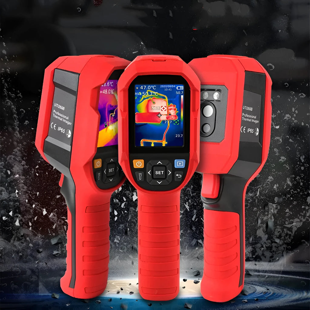 UTi series handheld infrared thermal imaging camera on a workbench with SD card and USB cable.